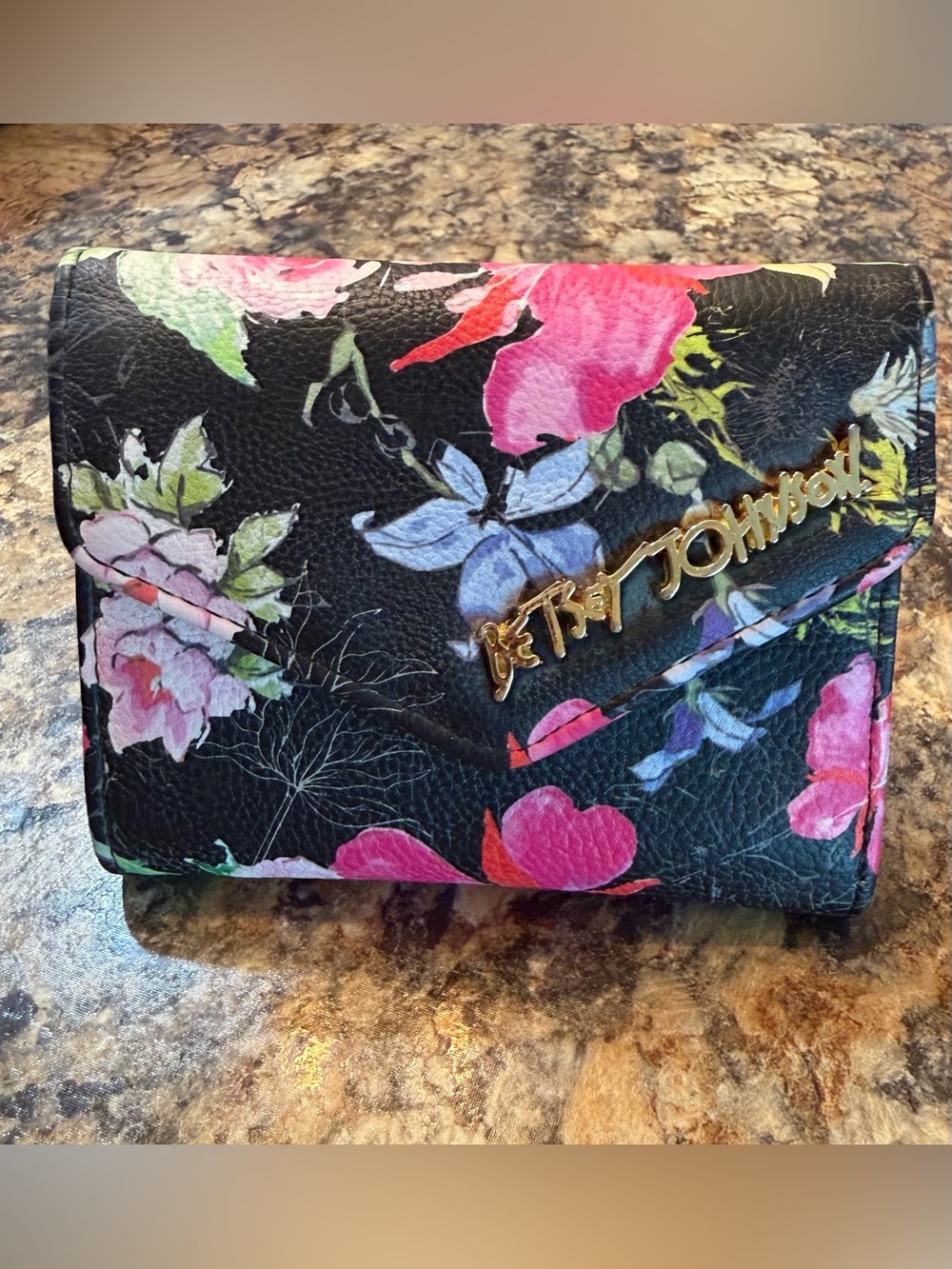Betsey Johnson Black Floral Trifold Wallet with Gold Logo